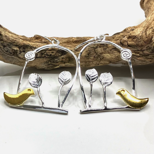 Sterling Silver and Gold Plate Earrings Leaves and Bird