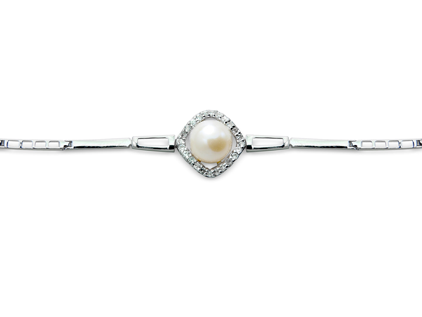 White Cubic Zirconia and Sterling Silver and Pearl Bracelet