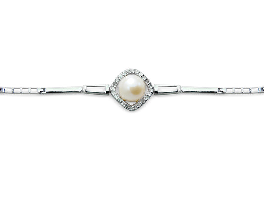 White Cubic Zirconia and Sterling Silver and Pearl Bracelet