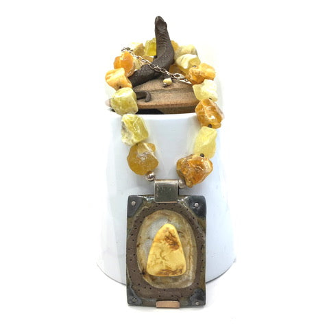 Amber Necklace with Handmade Ceramic Pendant