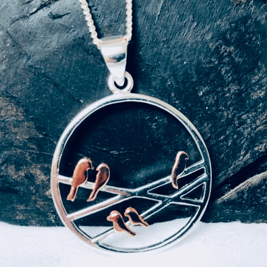 Sterling Silver with Rose Gold Plated Birds Pendant and Silver Chain
