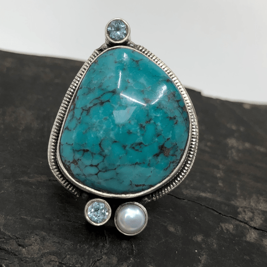 Turquoise, Topaz and Pearl in Sterling Silver Ring