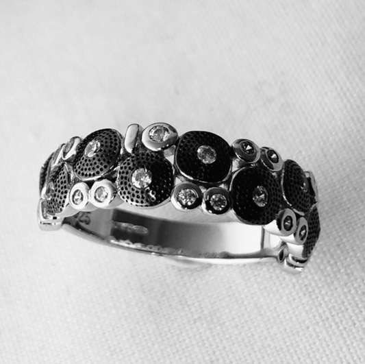 Oxidised and Shiny Silver Disc Ring set with CZ Stones