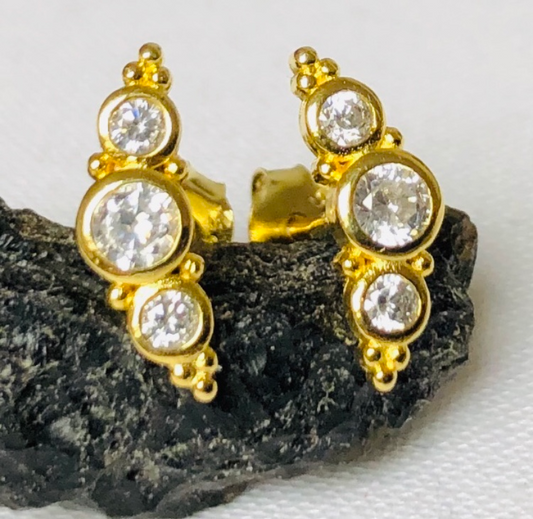 Gold Plated Sterling Silver Crescent Shaped Pair of Studs With 3 CZs