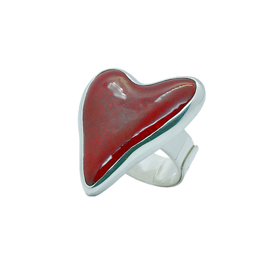 Red Ceramic Hand Crafted Heart Shape Sterling Silver Ring