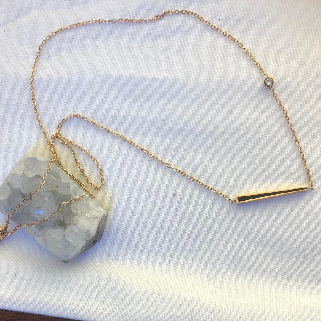Stainless Steel Necklace with Bar and CZ Stone