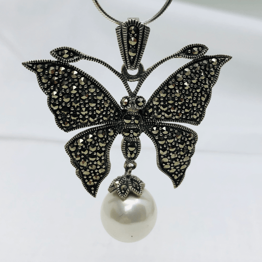 Marcasite Sterling Silver Butterfly and Pearl Pendant and Chain
