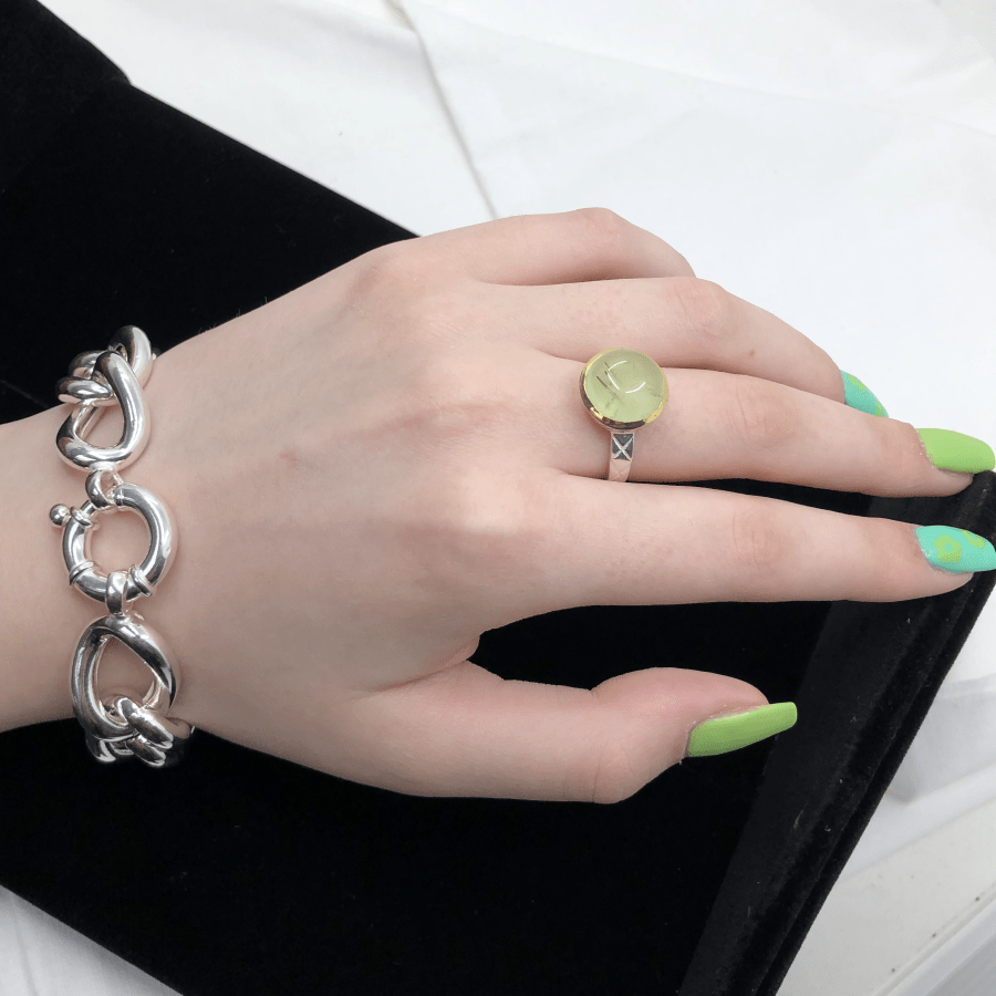 Prehnite and Sterling Silver with Gold Plate Round Stone Ring