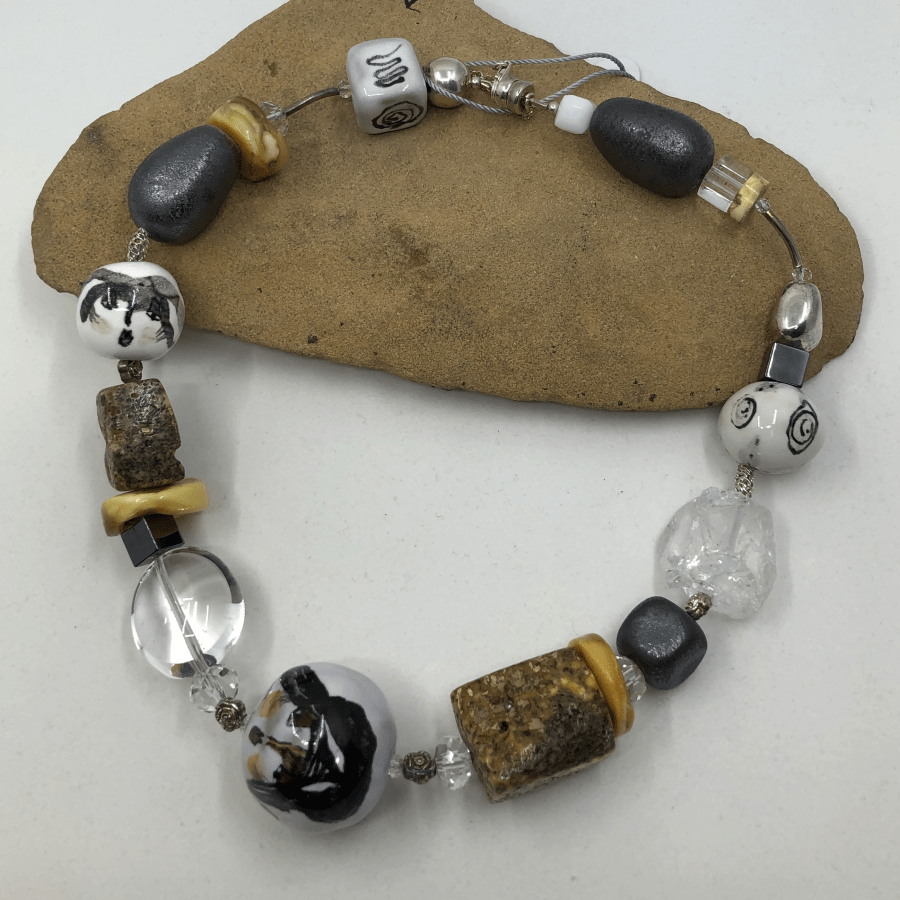 Handmade Ceramic Face in Sterling Silver and Amber Necklace