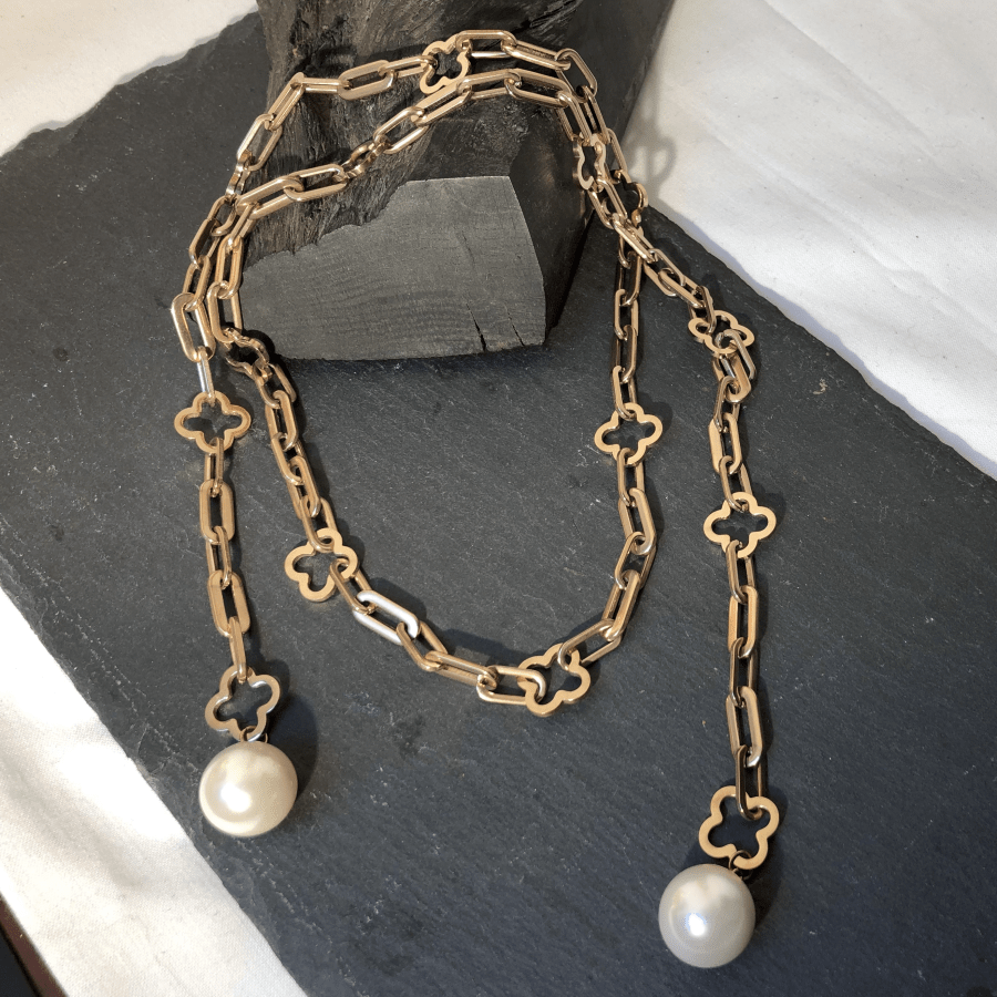 Stainless Steel Necklace Rose Gold Coloured Wraparound with 2 Faux Pearls