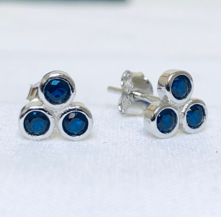 Sterling Silver, 3 Navy CZ Pyramid, Pair of Studs