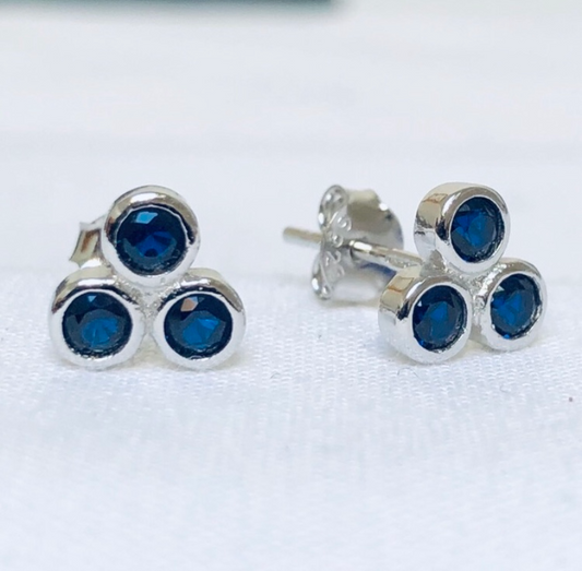 Sterling Silver, 3 Navy CZ Pyramid, Pair of Studs