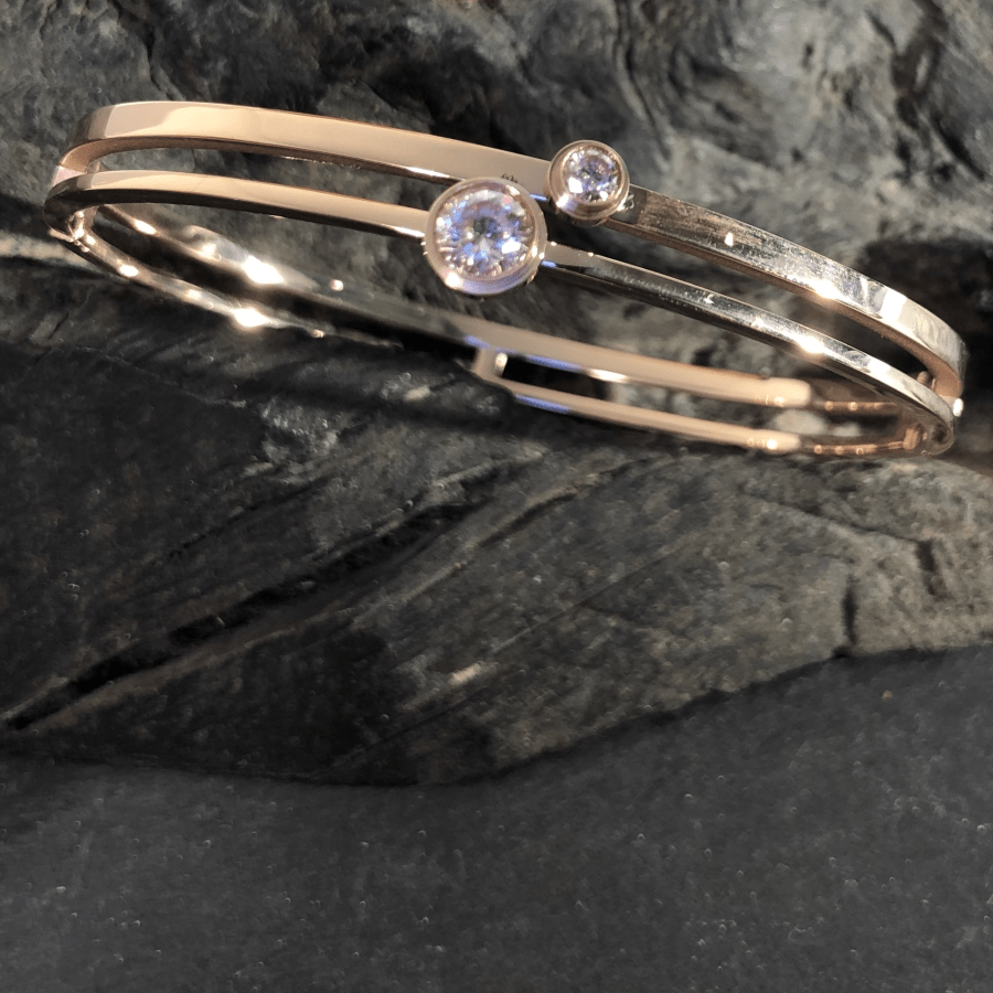 Stainless Steel Bangle Rose Gold Coloured 2 Band with CZ