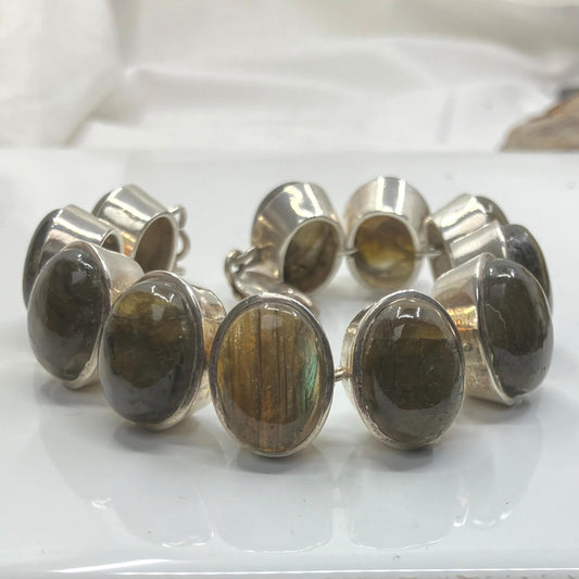 Labradorite and Sterling Silver Bracelet 11 Ovals Big