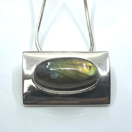 Labradorite and Sterling Silver Pendant Oval in Rectangle on Silver Chain