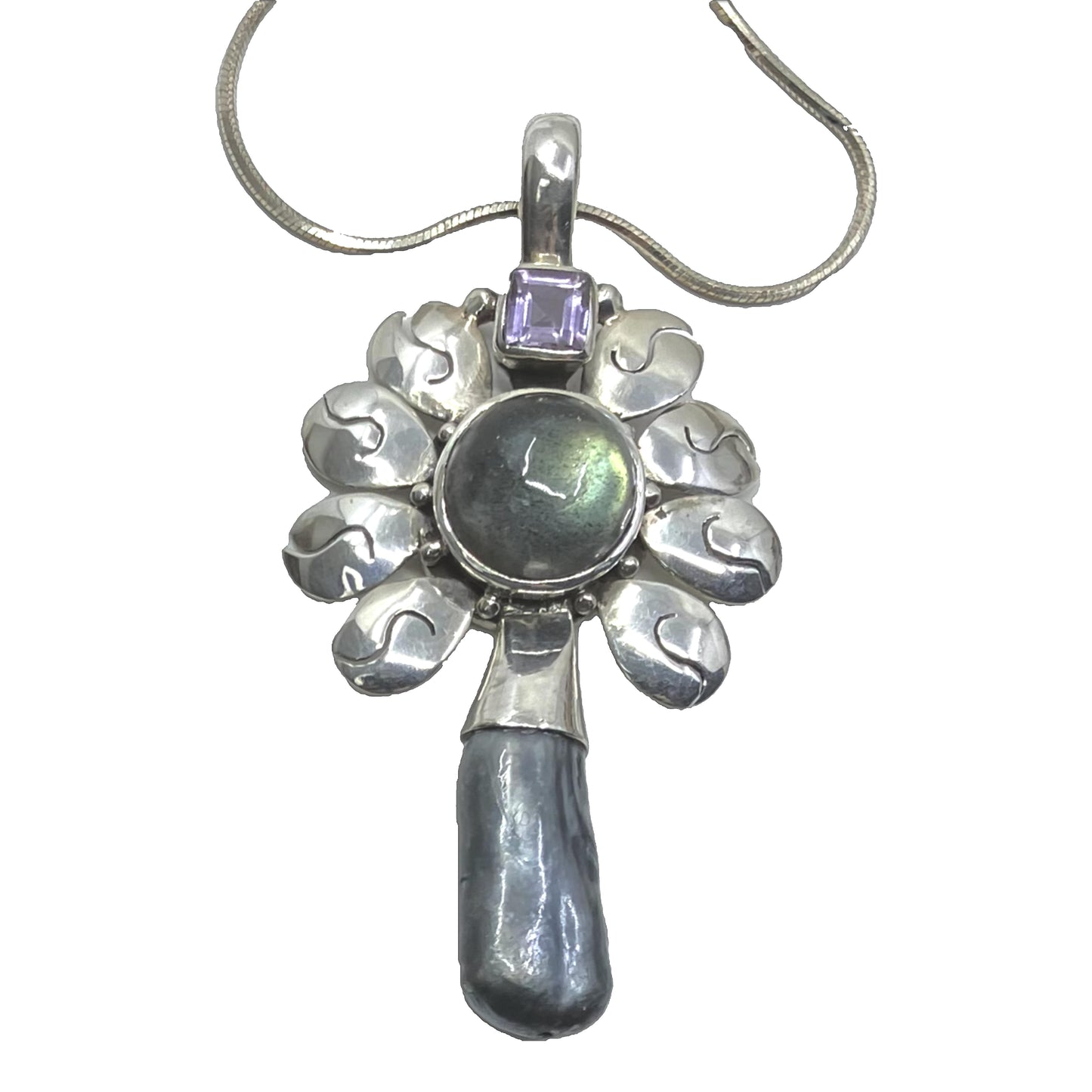 Labradorite and Sterling Silver Pendant Flower with Pearl on Silver Chain