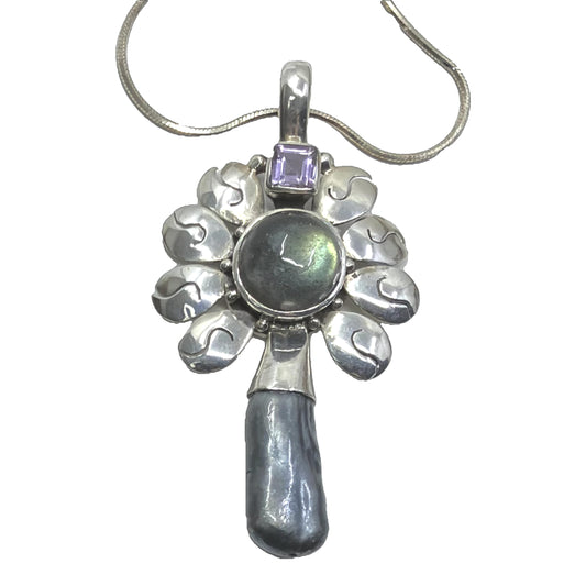 Labradorite and Sterling Silver Pendant Flower with Pearl on Silver Chain
