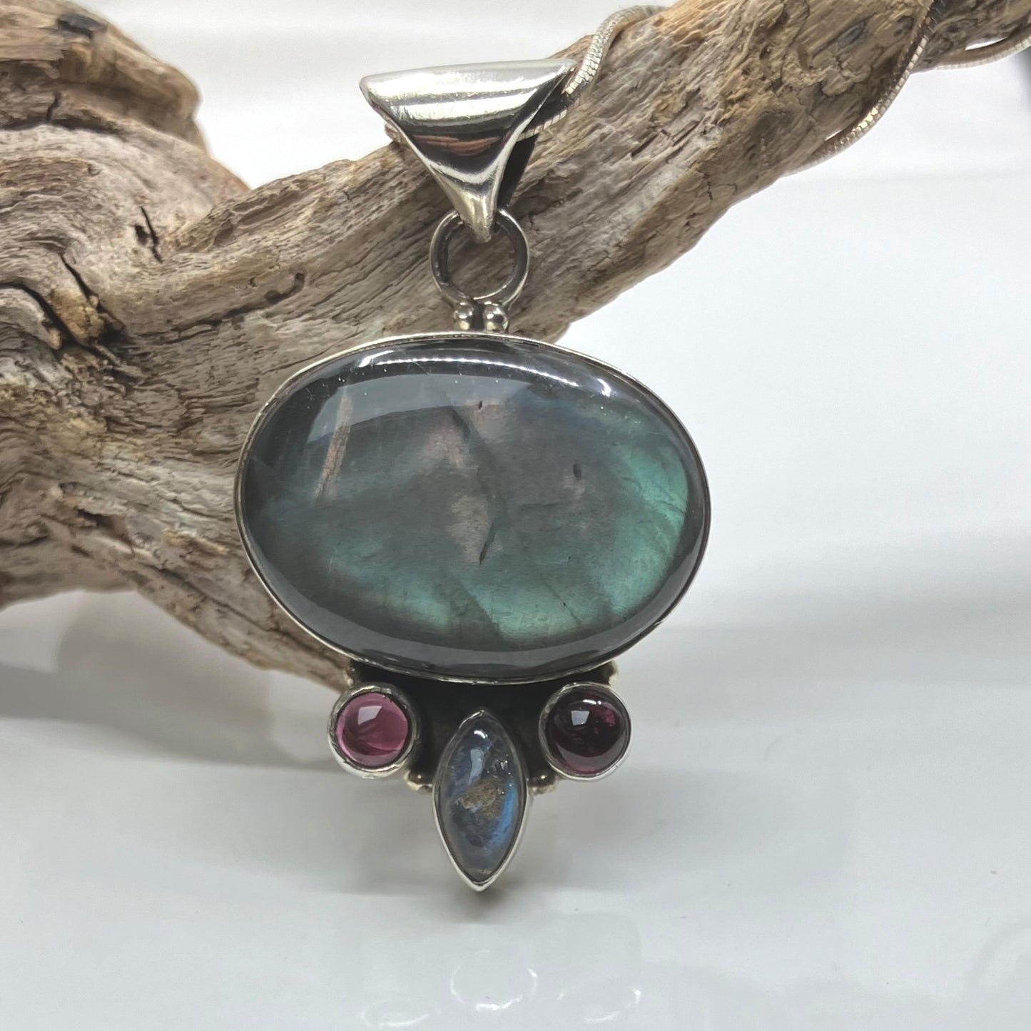 Labradorite and Sterling Silver Pendant Oval with 2 Garnets on Silver Chain