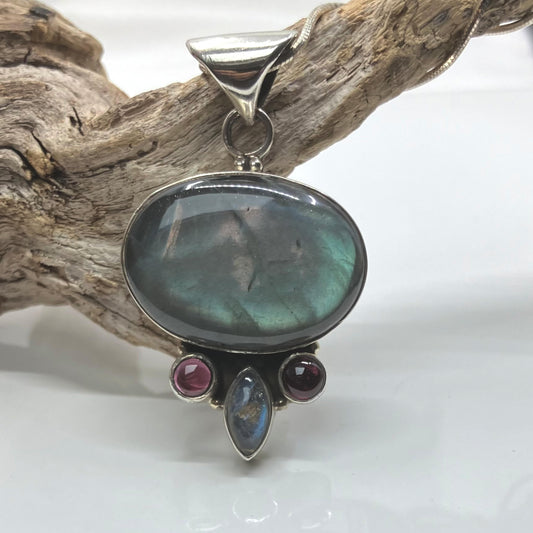Labradorite and Sterling Silver Pendant Oval with 2 Garnets on Silver Chain