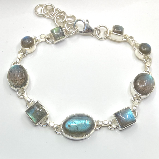 Labradorite and Sterling Silver Bracelet 9 multi shape stones