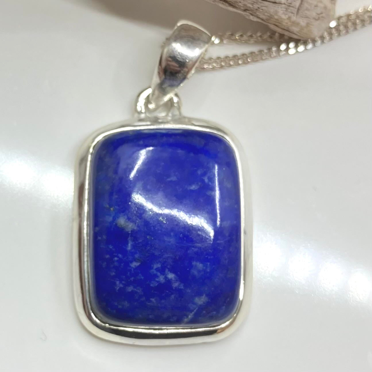 Lapis and Sterling Silver Pendant Rect Rounded on Silver Chain