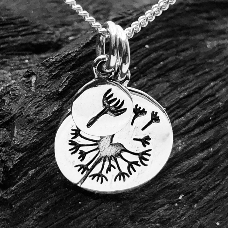 Sterling Silver Round Disc Dandelion Pendant and Silver Chain