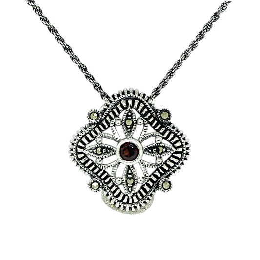 Marcasite and Garnet Sterling Silver Pendant Oxidised Chain