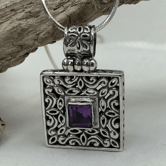 Amethyst and Sterling Silver Square Filigree Pendant and Silver Chain