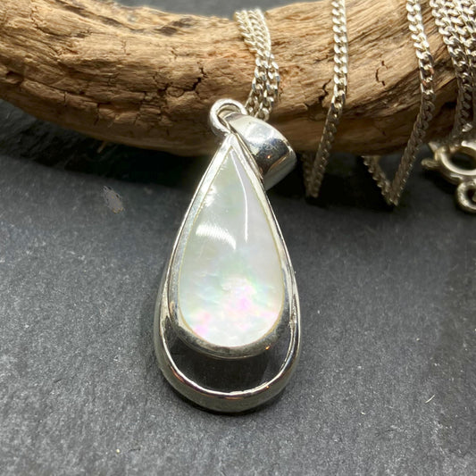 Mother of Pearl and Sterling Silver Pendant Tear on Silver Chain
