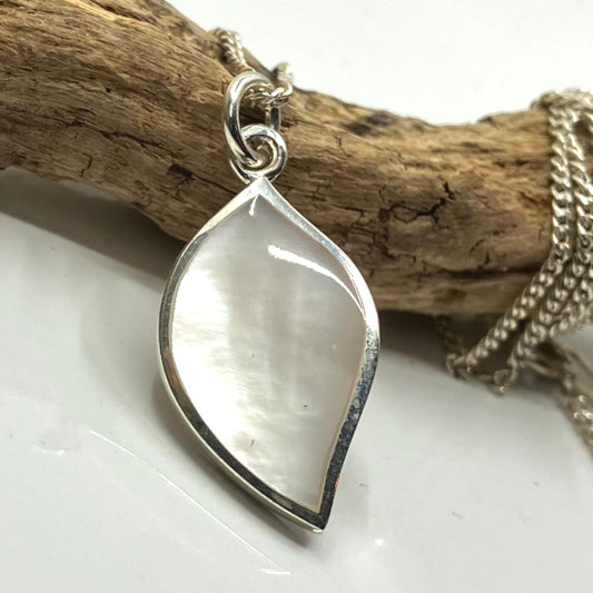 Mother of Pearl and Sterling Silver Pendant Leaf shape on Silver Chain