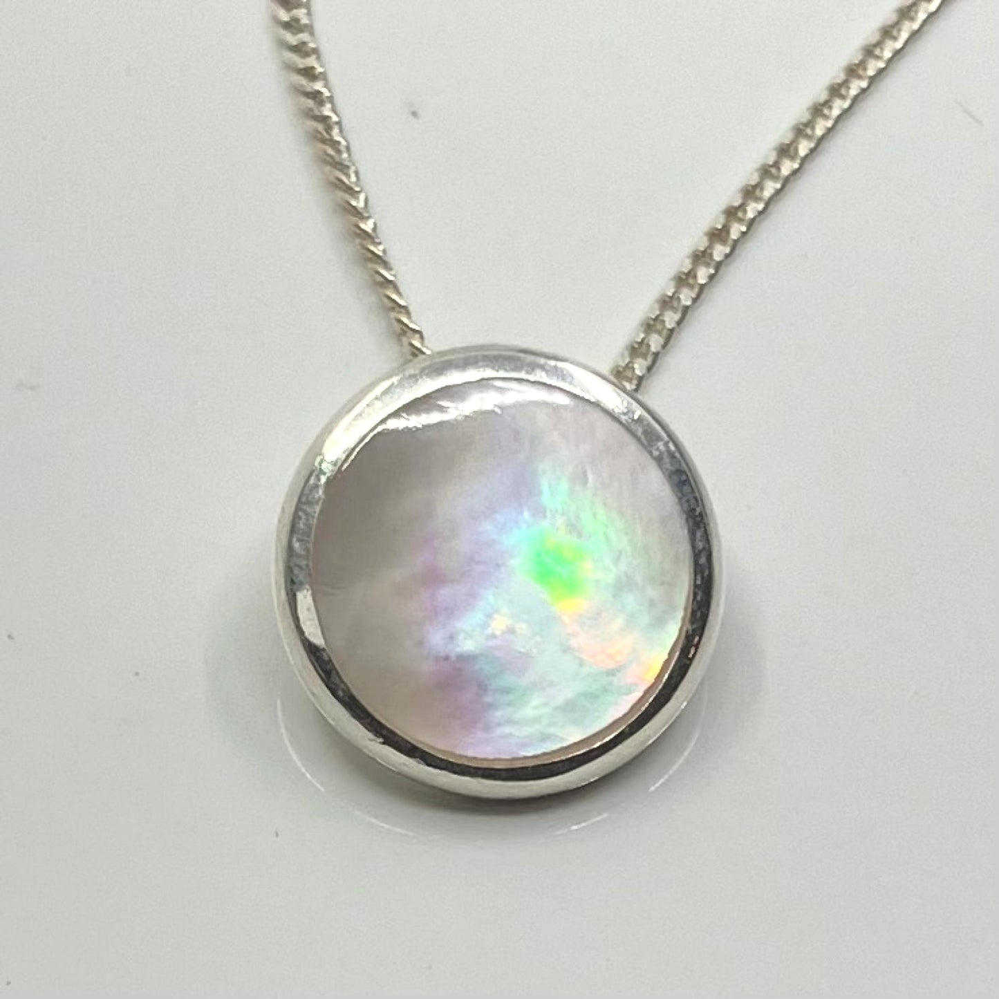 Mother of Pearl and Sterling Silver Pendant Round on Silver Chain
