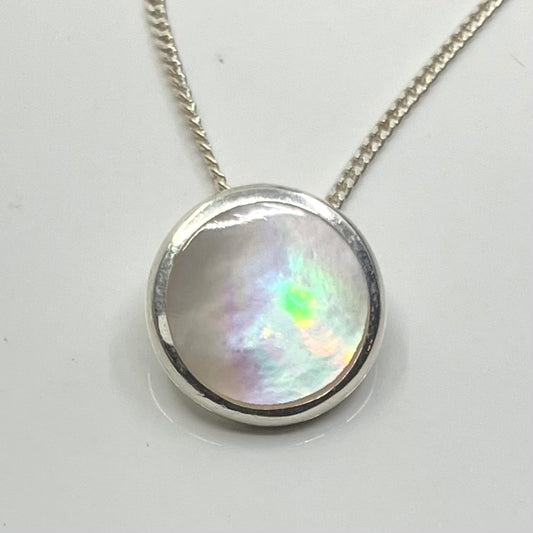 Mother of Pearl and Sterling Silver Pendant Round on Silver Chain