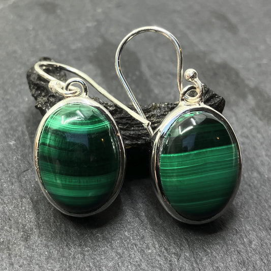 Malachite and Sterling Silver Earrings Oval