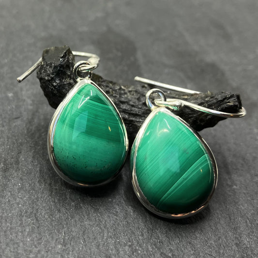 Malachite and Sterling Silver Earrings Pear 2