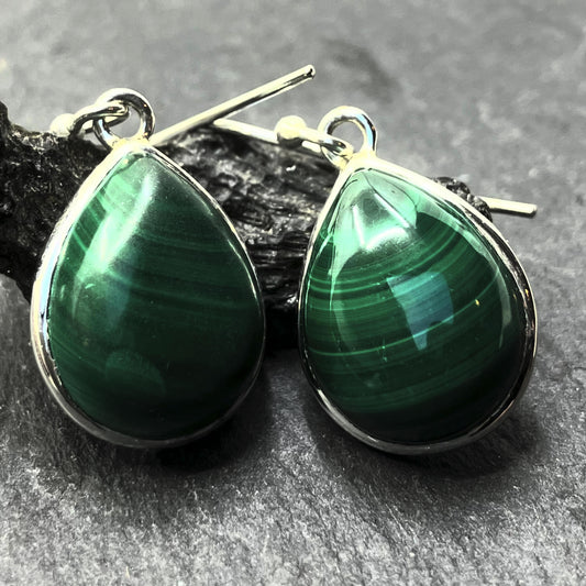 Malachite and Sterling Silver Earrings Pear 1