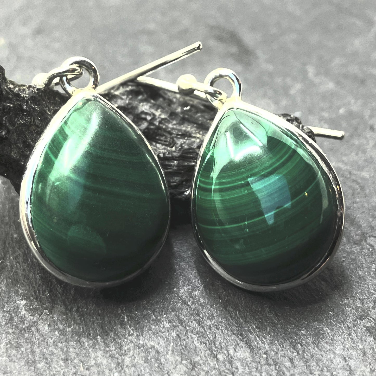 Malachite and Sterling Silver Earrings Pear 1
