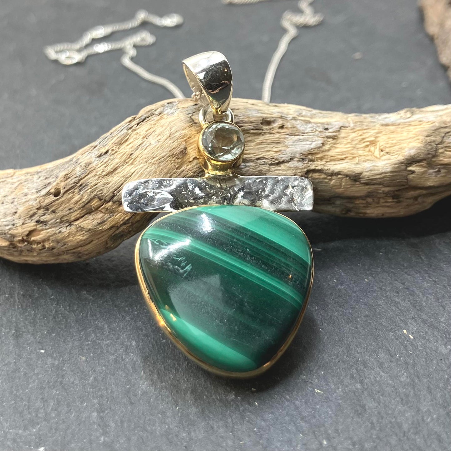 Malachite and Green Amethyst Sterling Silver and Gold Plate Pendant on Silver Chain