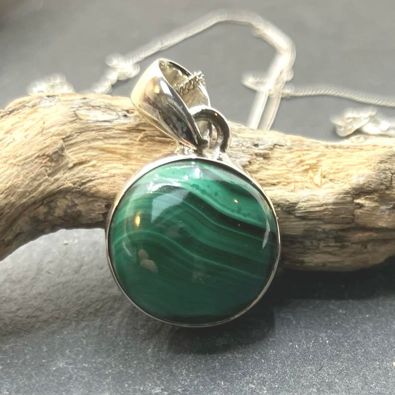 Malachite and Sterling Silver Pendant Round on Silver Chain