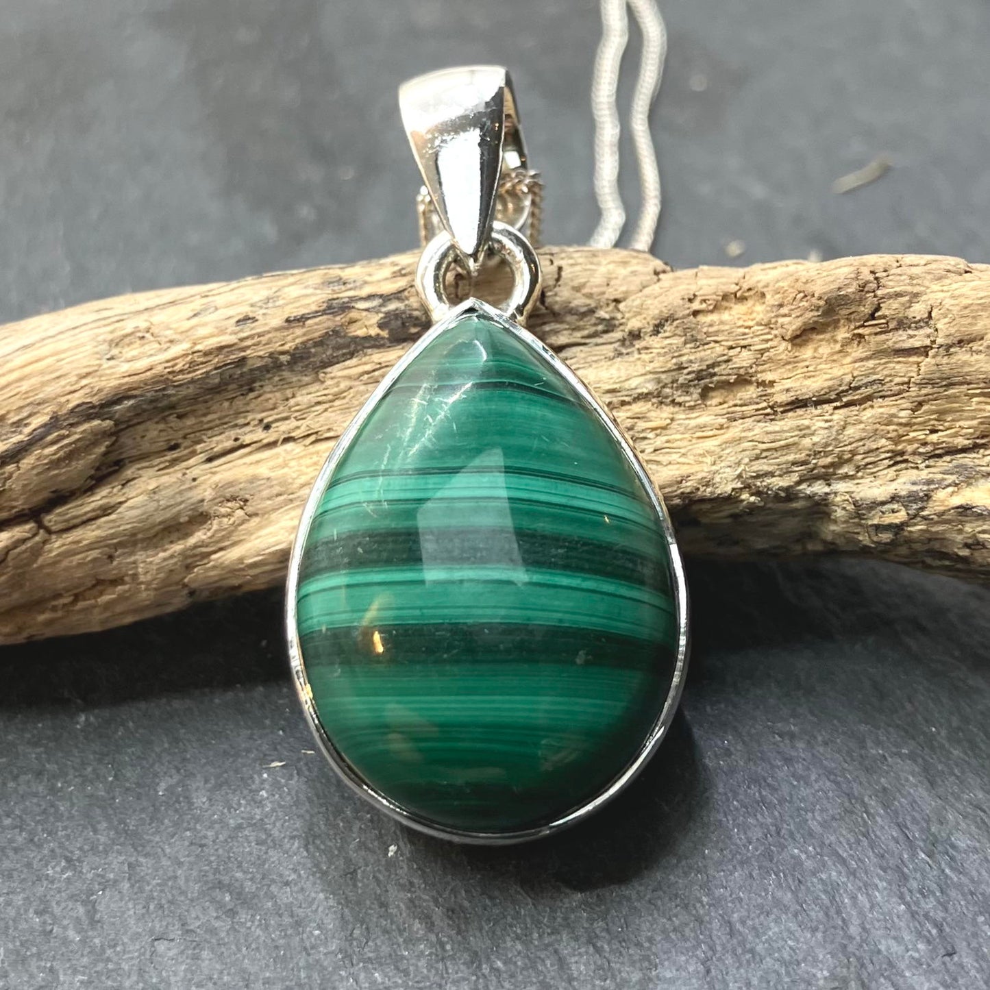 Malachite and Sterling Silver Pendant Tear on Silver Chain
