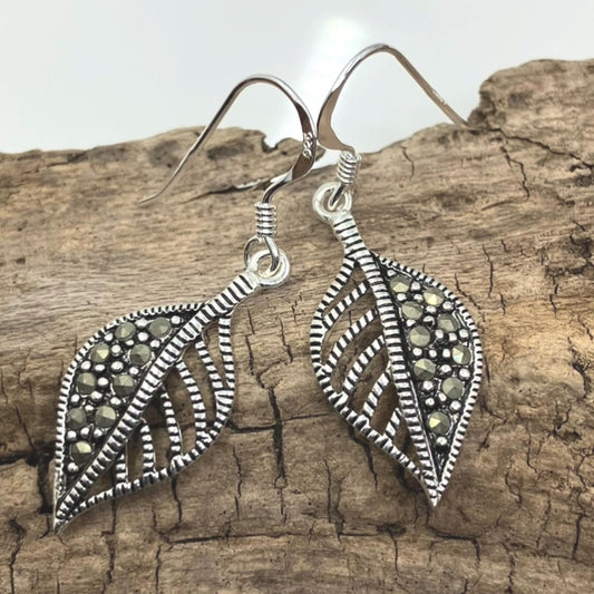 Marcasite and Sterling Silver Earrings Leaf