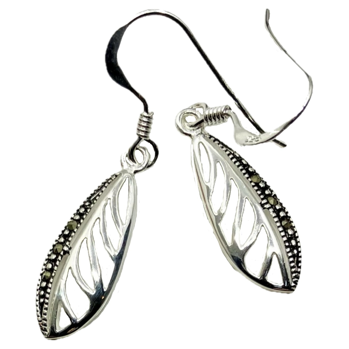 Marcasite and Sterling Silver Earrings Long Leaf