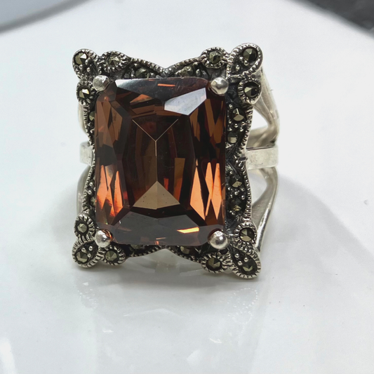 Marcasite Champagne CZ and Sterling Silver Ring