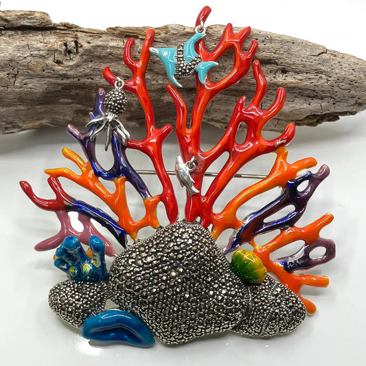 Marcasite Enamel and Sterling Silver Brooch