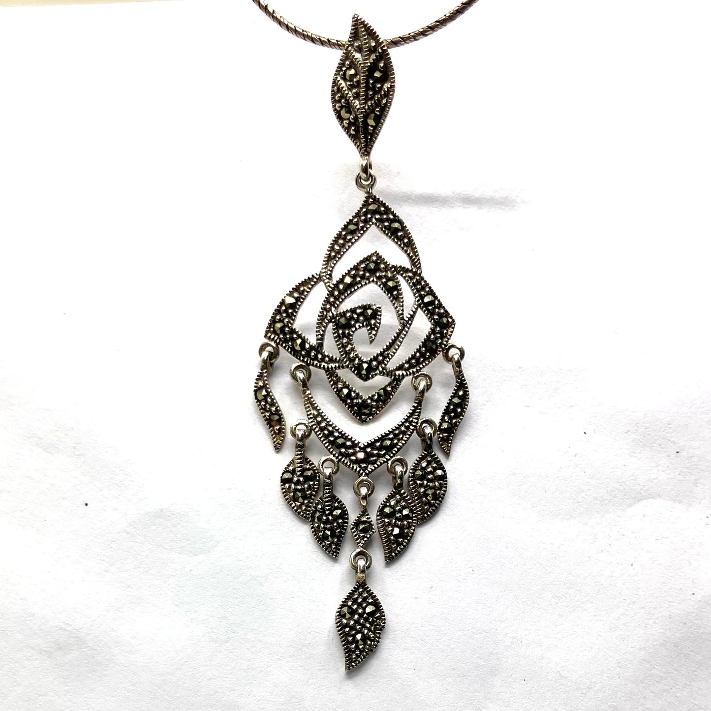 Marcasite and Sterling Silver Pendant long rose on Ox Silver Chain