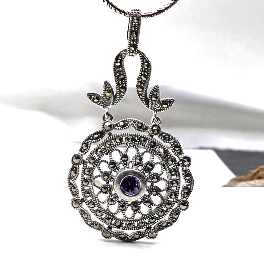 Marcasite and Sterling Silver Pendant with Ame CZ round long on Ox Silver Chain