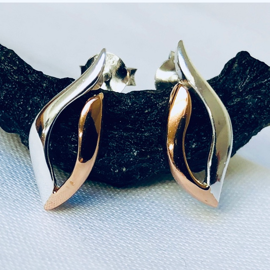 Sterling Silver and Rose Gold Long Pair of Studs