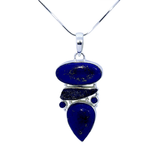 Lapis and Iolite 5 Stone Sterling Silver Pendant and Silver Chain