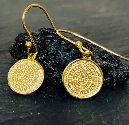 Yellow Gold Plated Sterling Silver Pair of Round Patterned Earrings