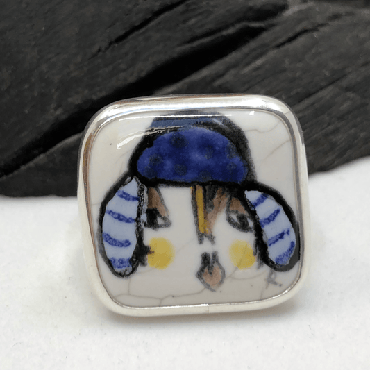 Handmade Ceramic Face in Sterling Silver Ring Lily