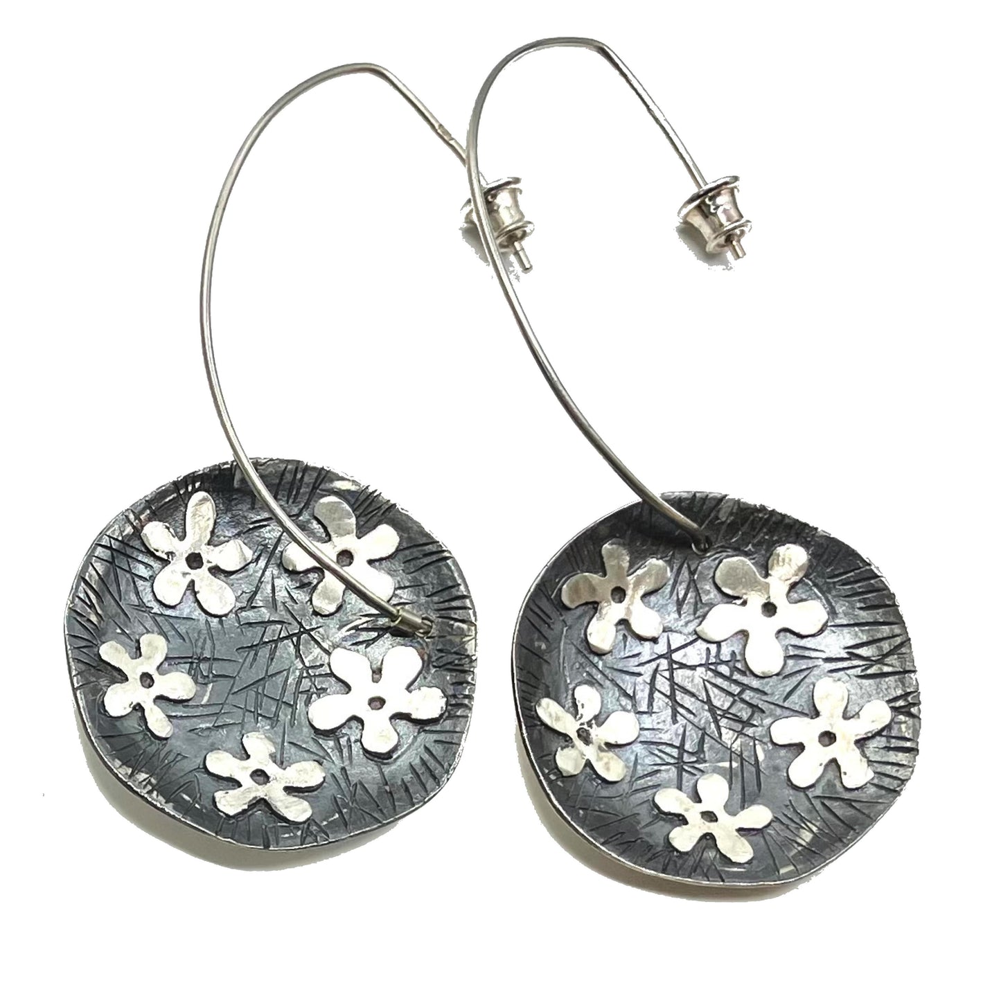 Oxidised Sterling Silver Earrings Round Flower Long Hooks